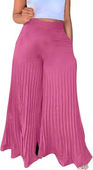 Women's Chiffon Wide Leg Pants High Elastic Waist Cropped Pants Fashion Casual Pleated Ruffle Hem Flowy Trousers