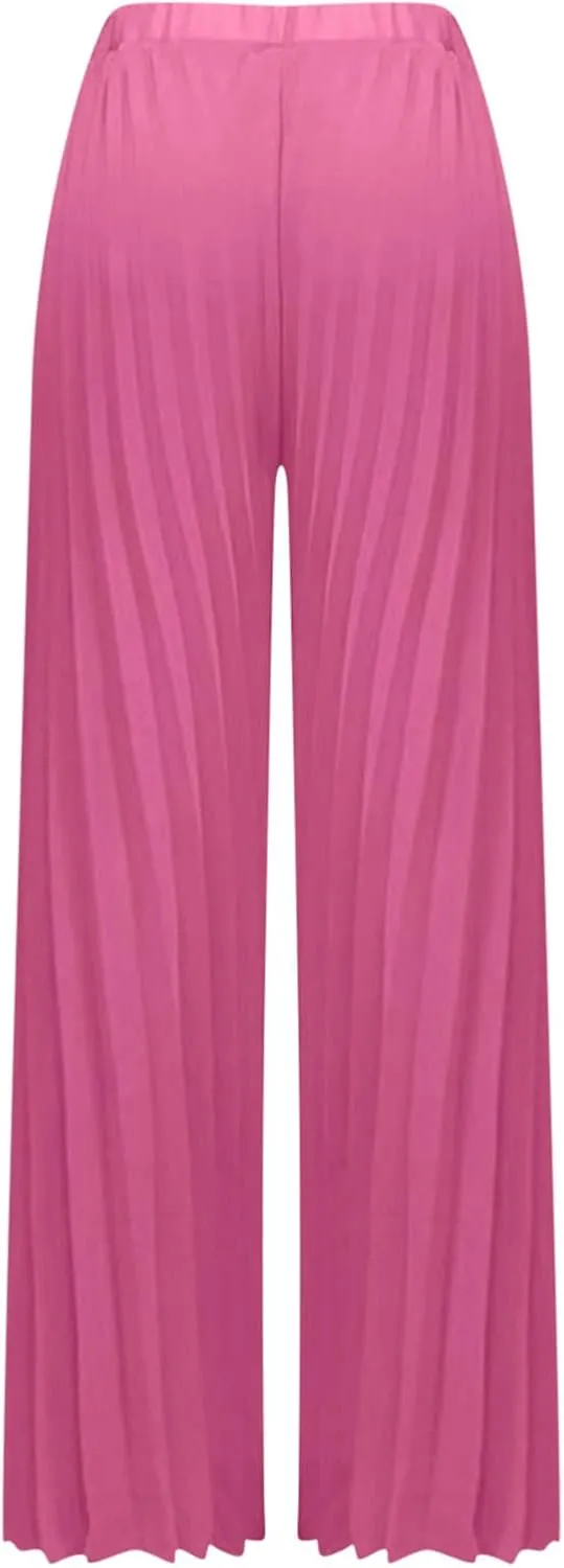 Women's Chiffon Wide Leg Pants High Elastic Waist Cropped Pants Fashion Casual Pleated Ruffle Hem Flowy Trousers