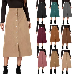 Womens Corduroy Long Skirts High Waist A-Line Vintage Corduroy Midi Skirt Button Front Straight Casual Fall Skirt