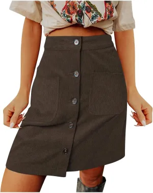 Women's Corduroy Midi Skirts High Waist Button Front A-Line Skirt Solid Slim Fit Knee Length Vintage