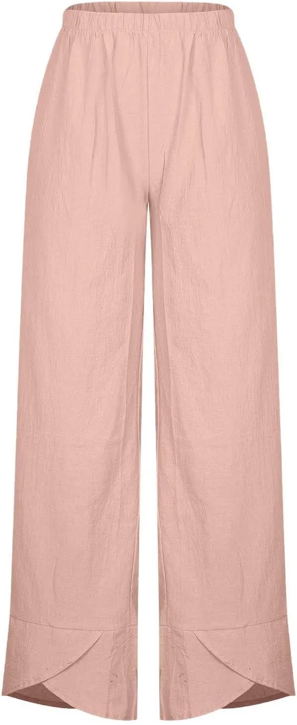 Womens Cotton Linen Cropped Pants Elastic High Waist Casual Trousers Soft Comfy Baggy Loose Fit Slacks with Pockets