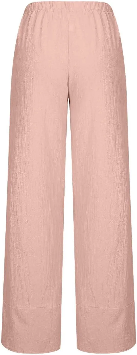 Womens Cotton Linen Cropped Pants Elastic High Waist Casual Trousers Soft Comfy Baggy Loose Fit Slacks with Pockets