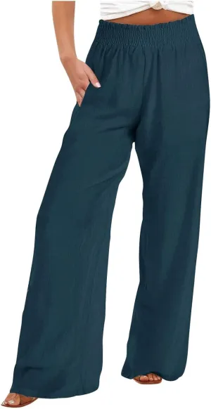 Womens Cotton Linen Palazzo Pants Plus Size High Waist Trousers Fashion Stretchy Wide Leg Pant Straight Pockets Pants
