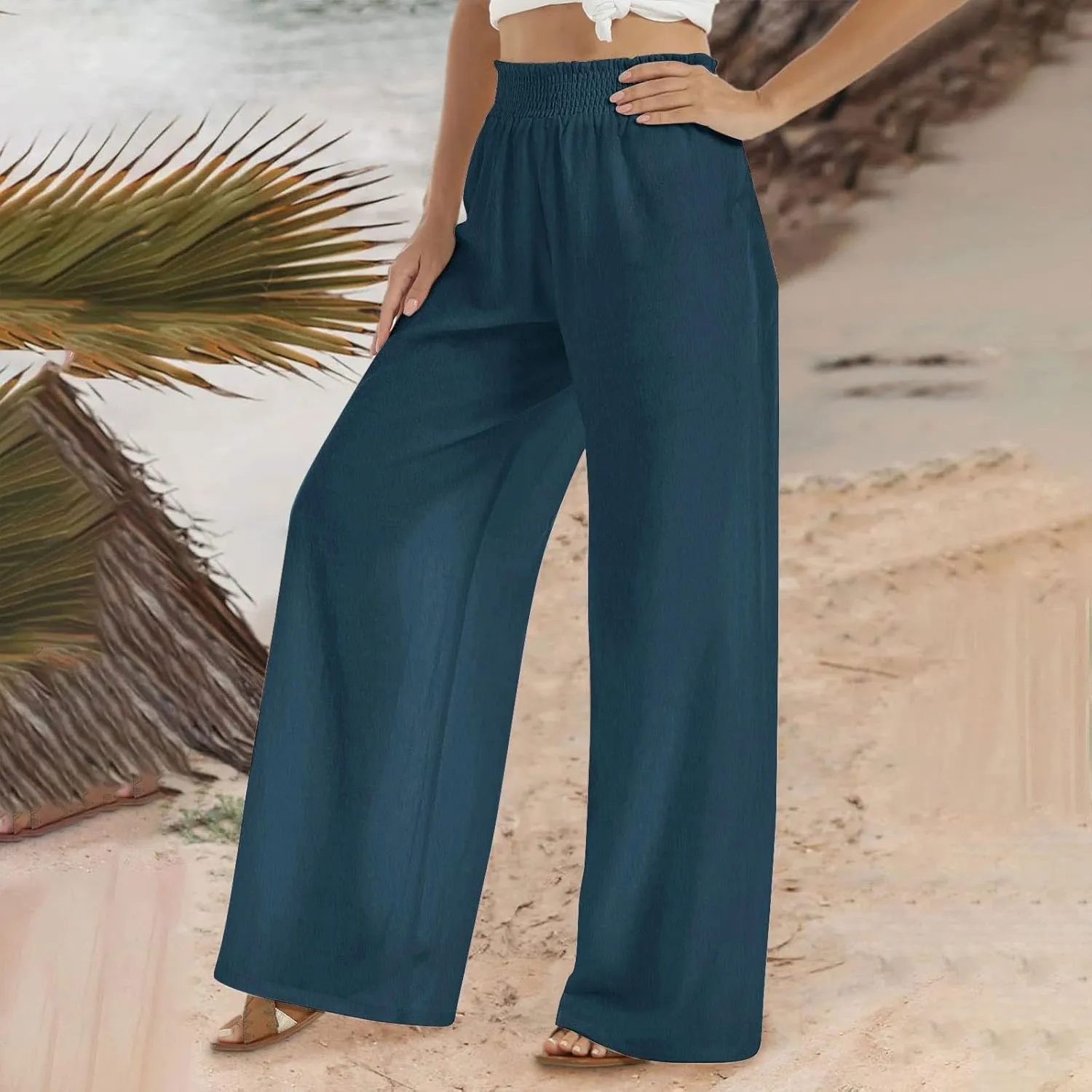 Womens Cotton Linen Palazzo Pants Plus Size High Waist Trousers Fashion Stretchy Wide Leg Pant Straight Pockets Pants