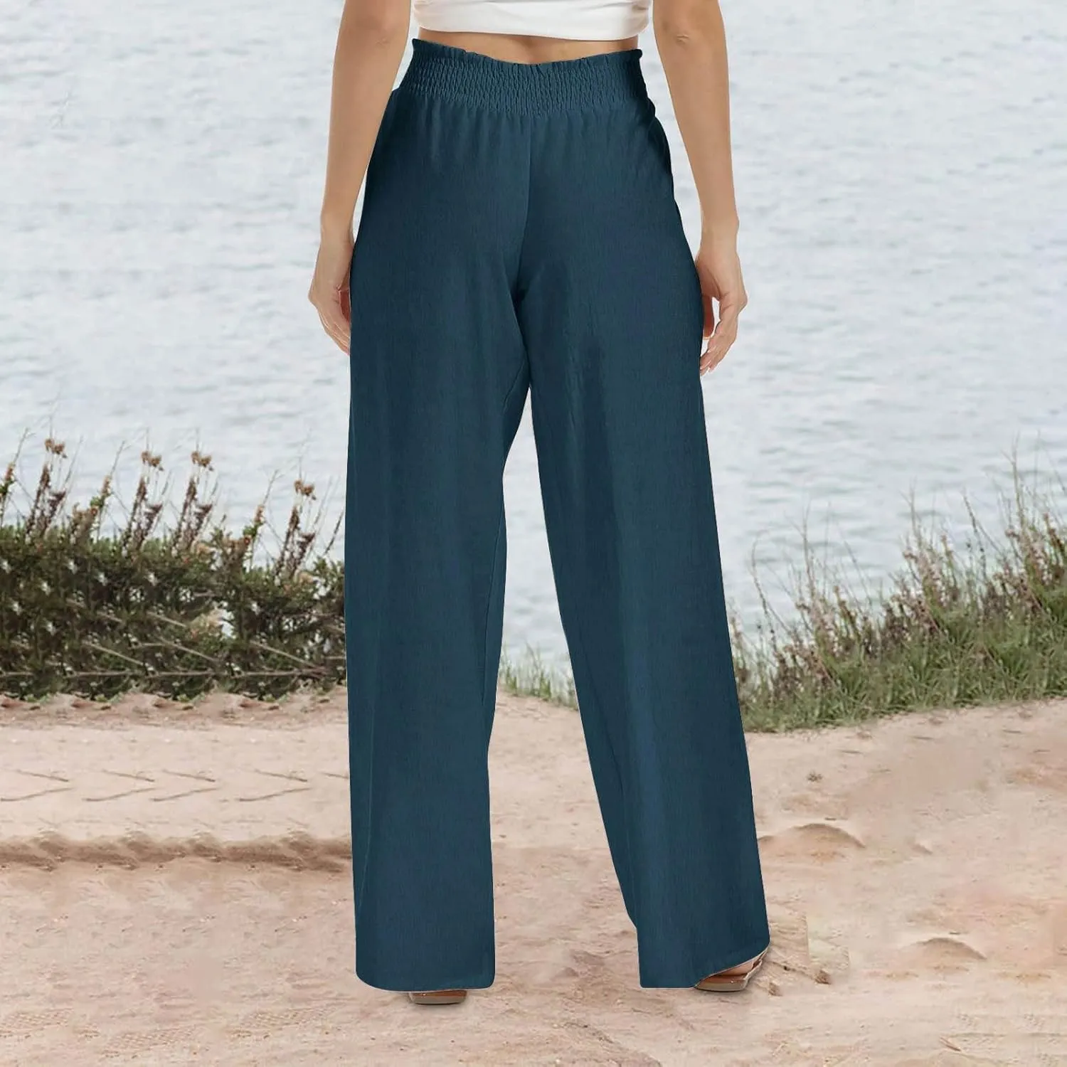 Womens Cotton Linen Palazzo Pants Plus Size High Waist Trousers Fashion Stretchy Wide Leg Pant Straight Pockets Pants