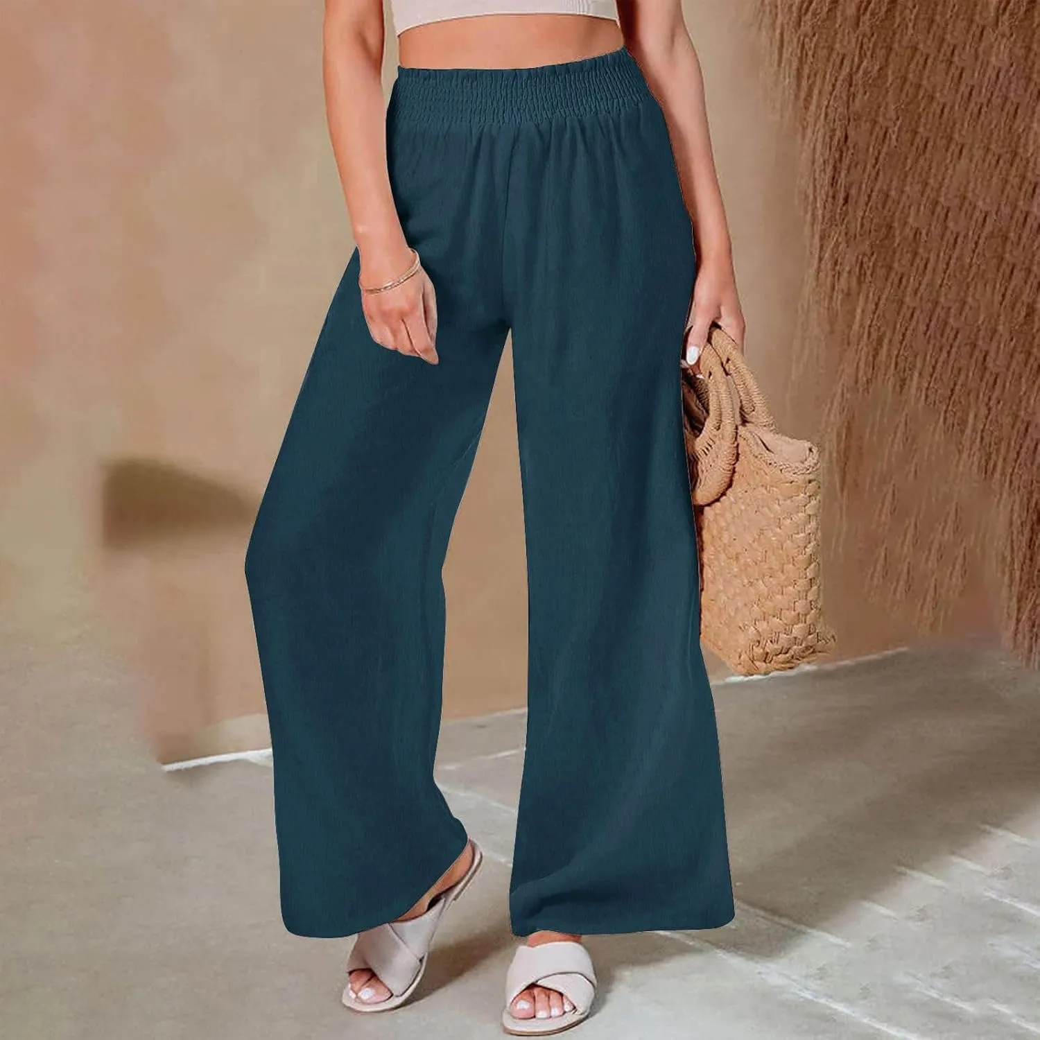 Womens Cotton Linen Palazzo Pants Plus Size High Waist Trousers Fashion Stretchy Wide Leg Pant Straight Pockets Pants