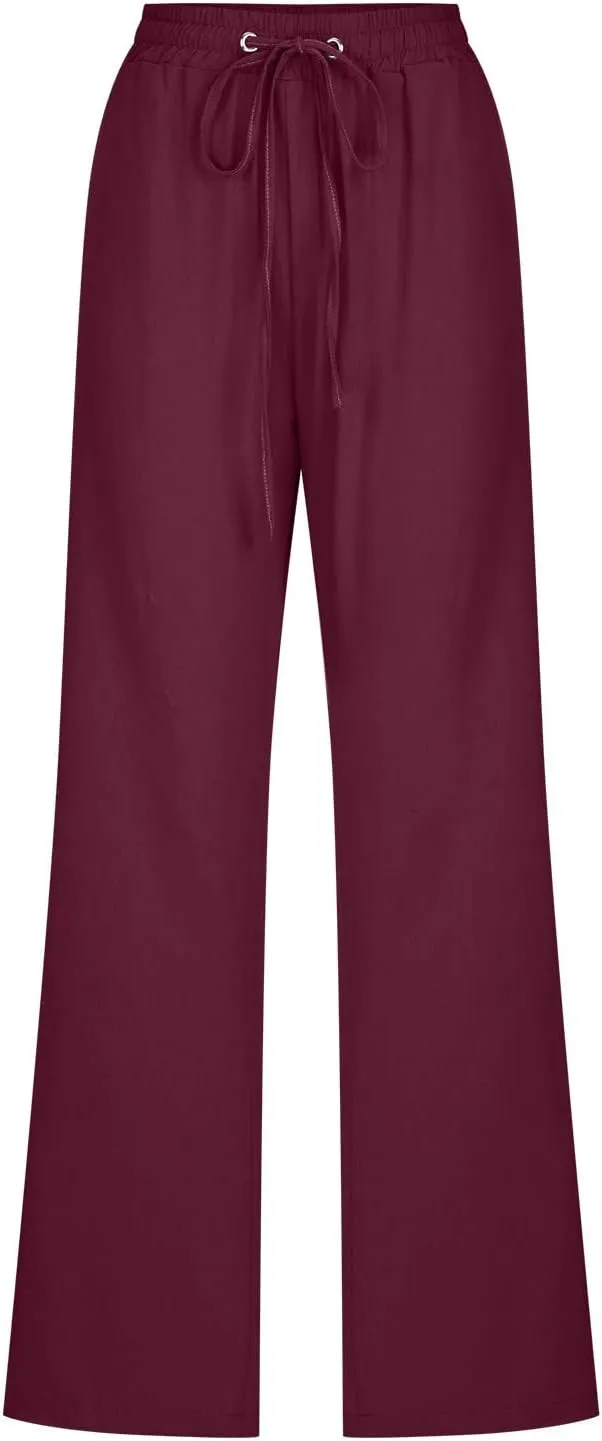 Women's Cotton Linen Pants 2025 Summer Wide Leg Casual Loose Pants Drawstring High Waist Trousers with Pockets