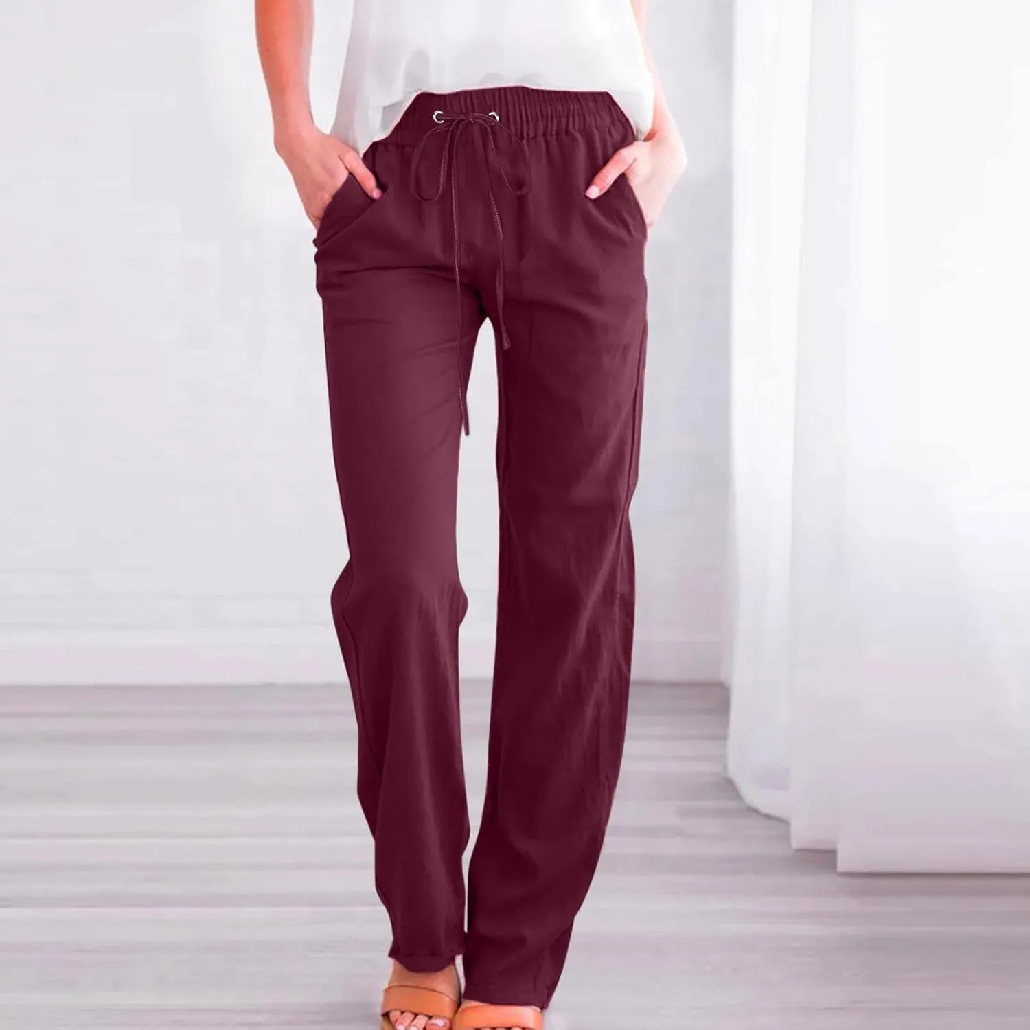 Women's Cotton Linen Pants 2025 Summer Wide Leg Casual Loose Pants Drawstring High Waist Trousers with Pockets