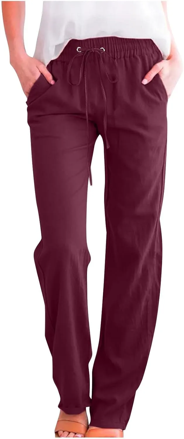 Women's Cotton Linen Pants 2025 Summer Wide Leg Casual Loose Pants Drawstring High Waist Trousers with Pockets