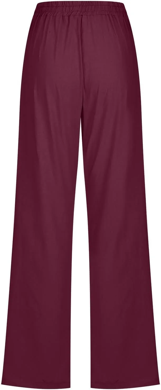 Women's Cotton Linen Pants 2025 Summer Wide Leg Casual Loose Pants Drawstring High Waist Trousers with Pockets
