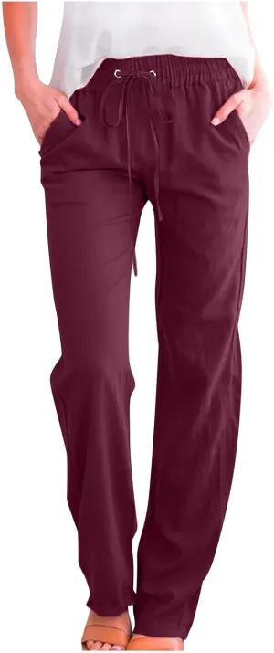 Women's Cotton Linen Pants 2025 Summer Wide Leg Casual Loose Pants Drawstring High Waist Trousers with Pockets