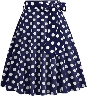 Womens Cute Polka Dot Skirts Elegant Bow Tie Lace-Up Summer Lightweight Comfy A-Line Pleated Midi Skirts