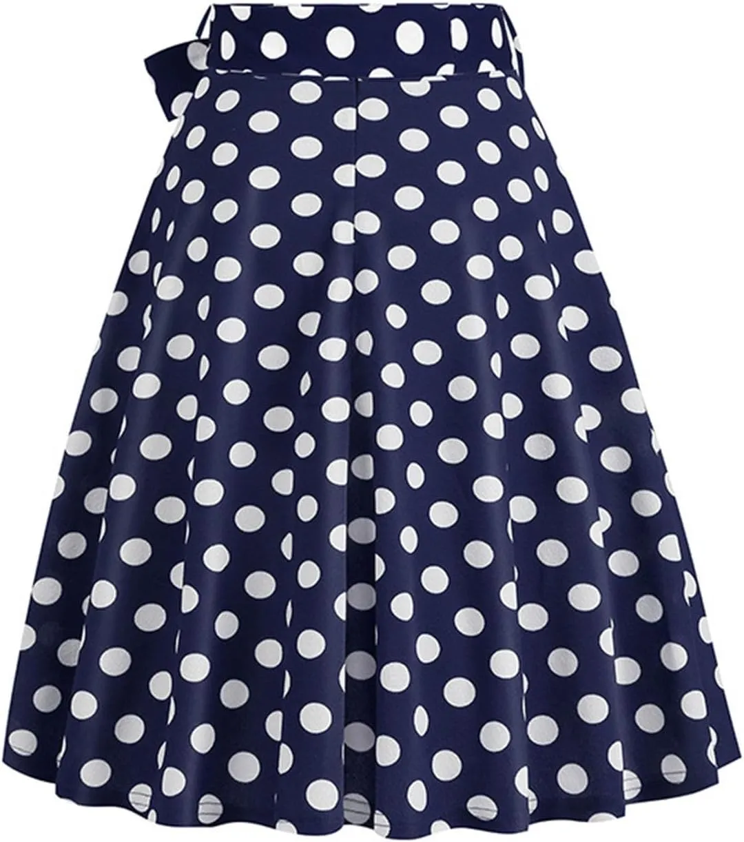 Womens Cute Polka Dot Skirts Elegant Bow Tie Lace-Up Summer Lightweight Comfy A-Line Pleated Midi Skirts