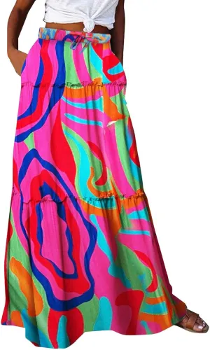 Womens Elastic High Waist Floral Print Boho Maxi Skirt Tiered Pleated Flowy Long Summer Beach Casual Skirt