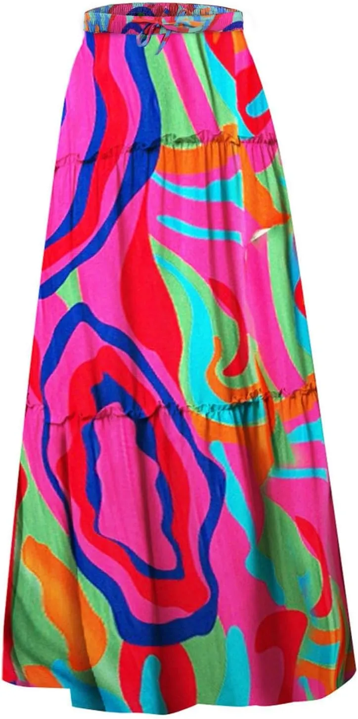 Womens Elastic High Waist Floral Print Boho Maxi Skirt Tiered Pleated Flowy Long Summer Beach Casual Skirt