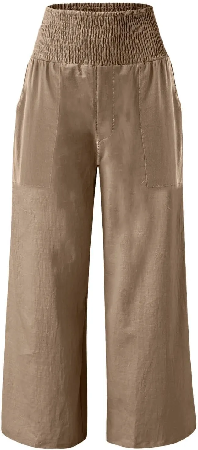 Womens Elastic High Waisted Palazzo Pants Casual Wide Leg Smock Lounge Pant Solid Beach Trousers with Pocket