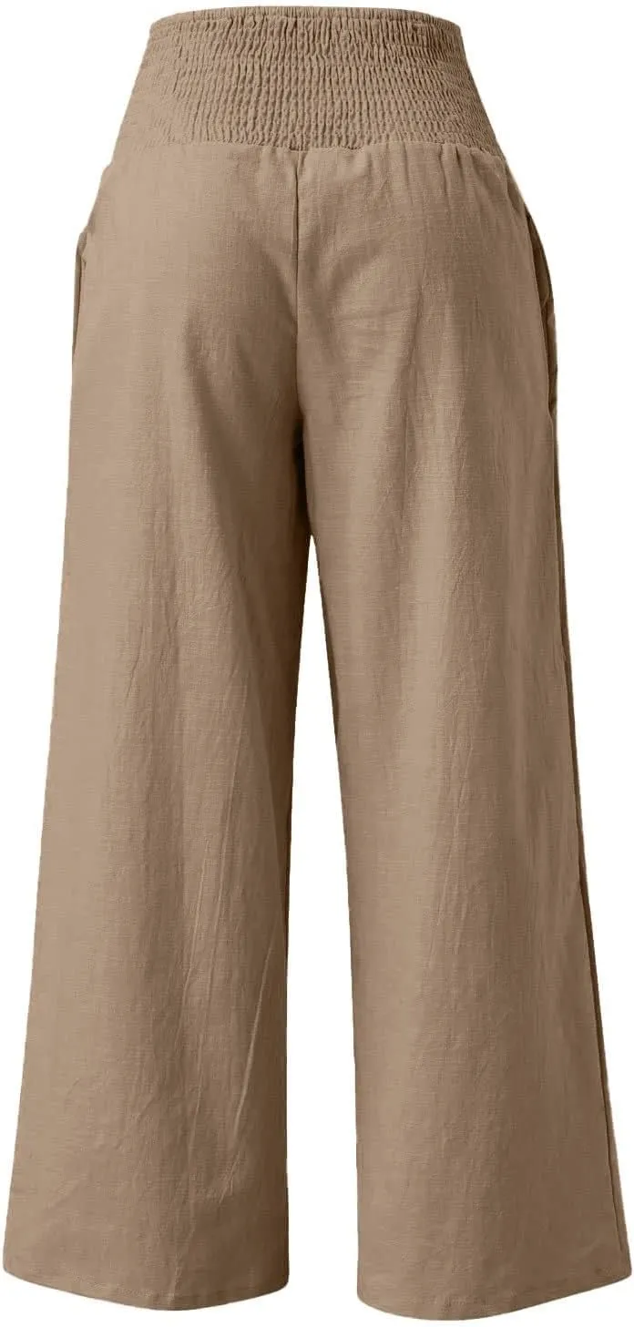 Womens Elastic High Waisted Palazzo Pants Casual Wide Leg Smock Lounge Pant Solid Beach Trousers with Pocket