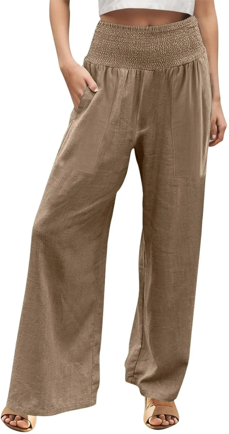 Womens Elastic High Waisted Palazzo Pants Casual Wide Leg Smock Lounge Pant Solid Beach Trousers with Pocket