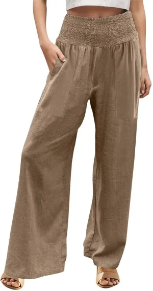 Womens Elastic High Waisted Palazzo Pants Casual Wide Leg Smock Lounge Pant Solid Beach Trousers with Pocket