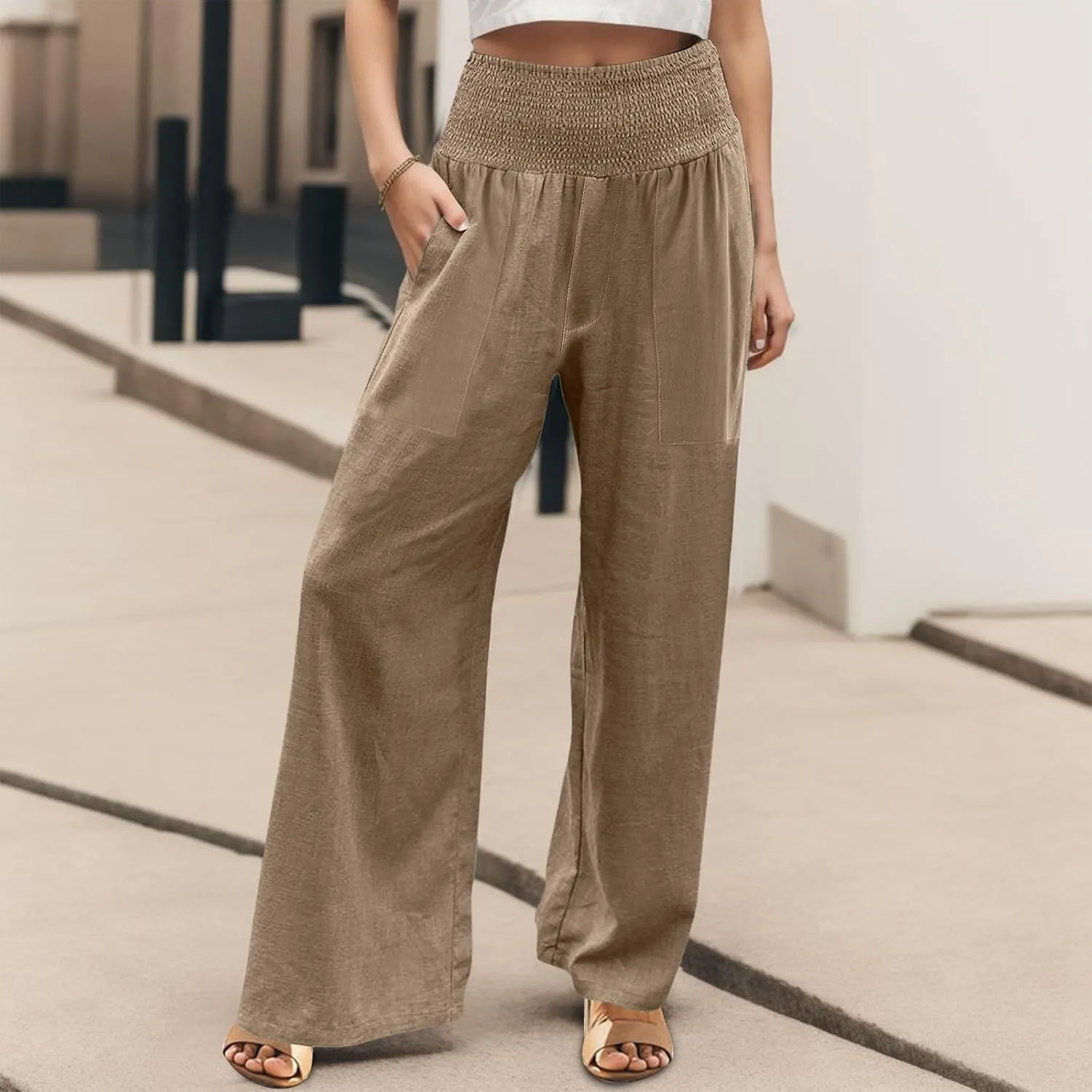 Womens Elastic High Waisted Palazzo Pants Casual Wide Leg Smock Lounge Pant Solid Beach Trousers with Pocket