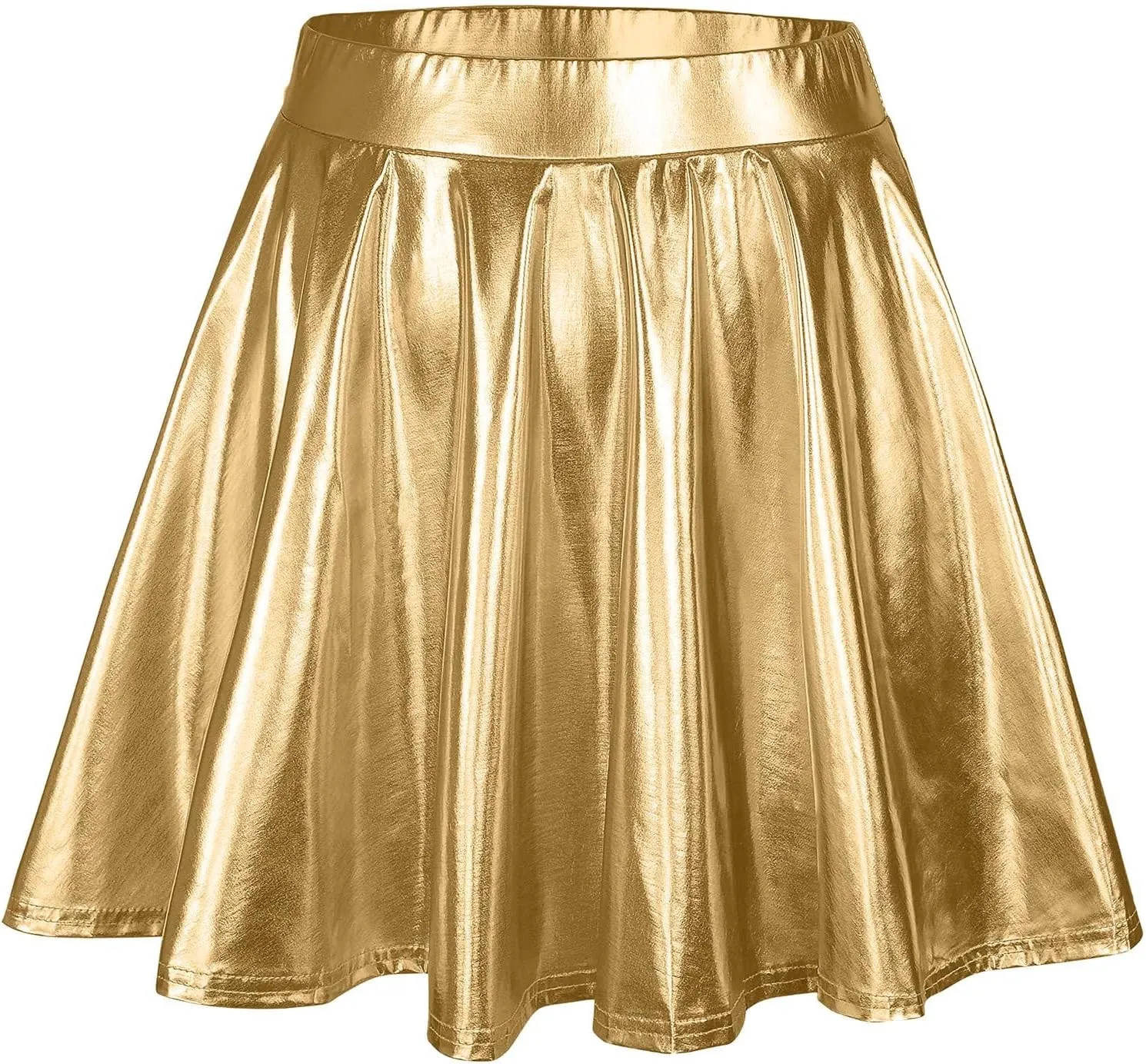 Womens Fashion High Waist Pleated Skirts Shiny Metallic Skater Skirt Sparkly Flared A Line Mini Skort Rave Party Outfit