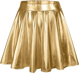 Womens Fashion High Waist Pleated Skirts Shiny Metallic Skater Skirt Sparkly Flared A Line Mini Skort Rave Party Outfit