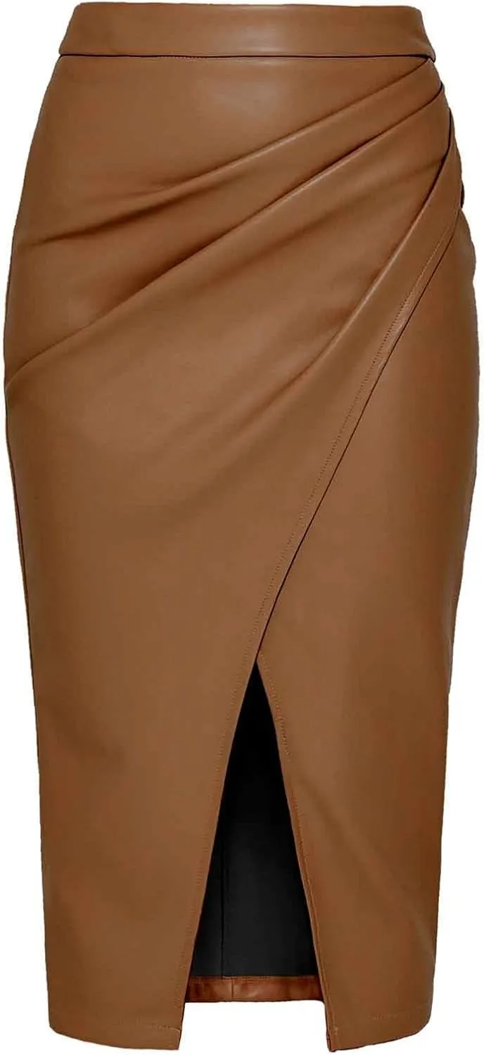 Womens Faux Leather Midi Skirt 2025 Fashion Vintage Ruched Bodycon Pencil Skirts Solid Front Slit Knee Length Skorts