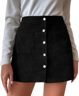 Women's Faux Suede Skirt Button Closure A-Line High Wasit Mini Short Skirt Corduroy Hip Wrap Pleated Skirt