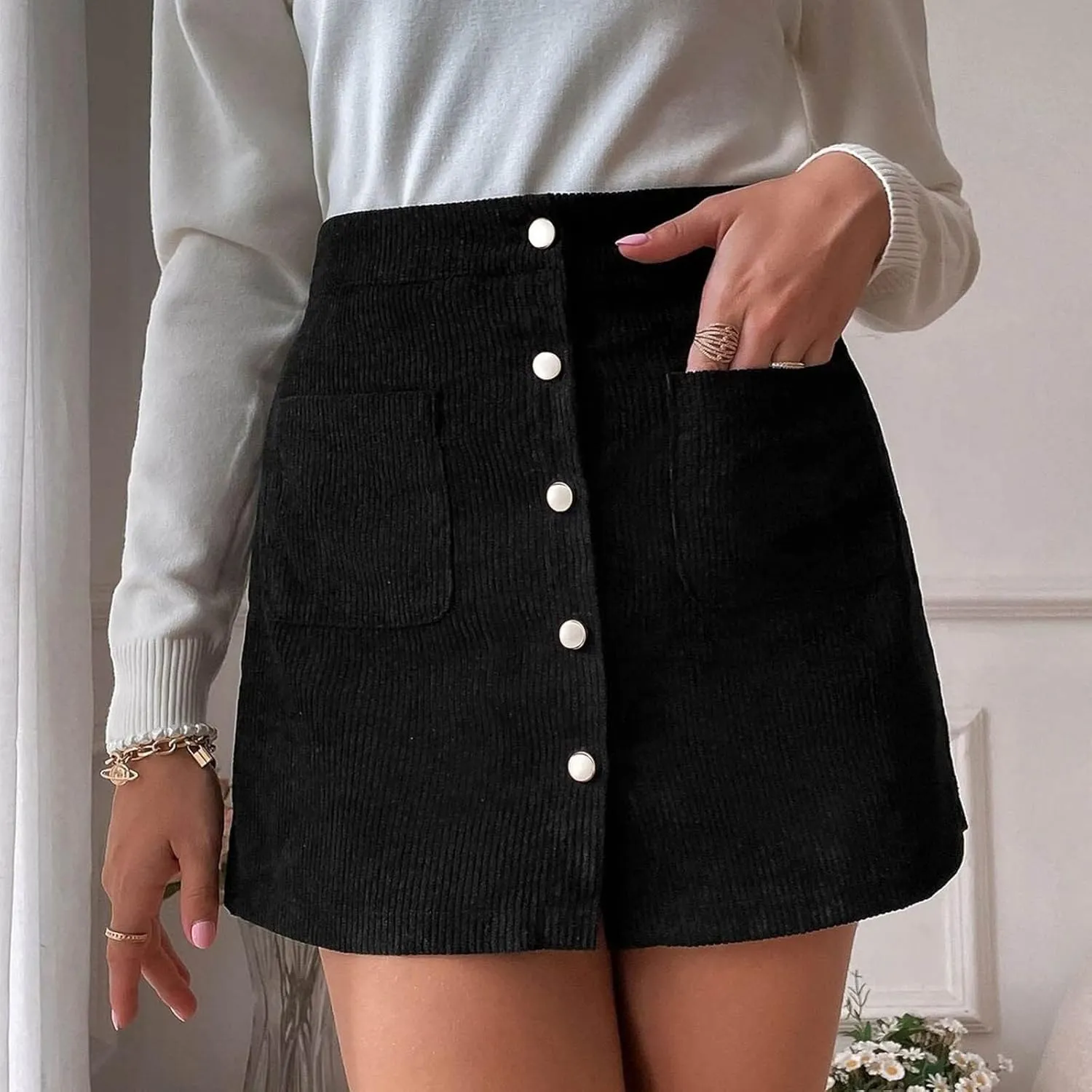 Women's Faux Suede Skirt Button Closure A-Line High Wasit Mini Short Skirt Corduroy Hip Wrap Pleated Skirt