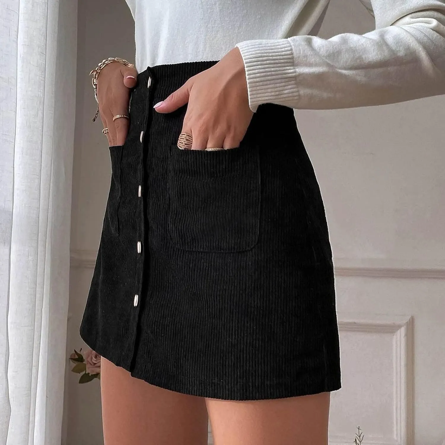 Women's Faux Suede Skirt Button Closure A-Line High Wasit Mini Short Skirt Corduroy Hip Wrap Pleated Skirt