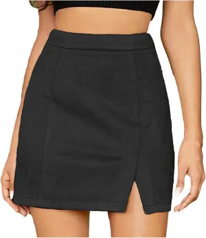 Womens Faux Suede Skirt with Slit High Waisted Mini Skirt Side Split A-Line Bodycon Short Skirt 2025 Fashion Skirts