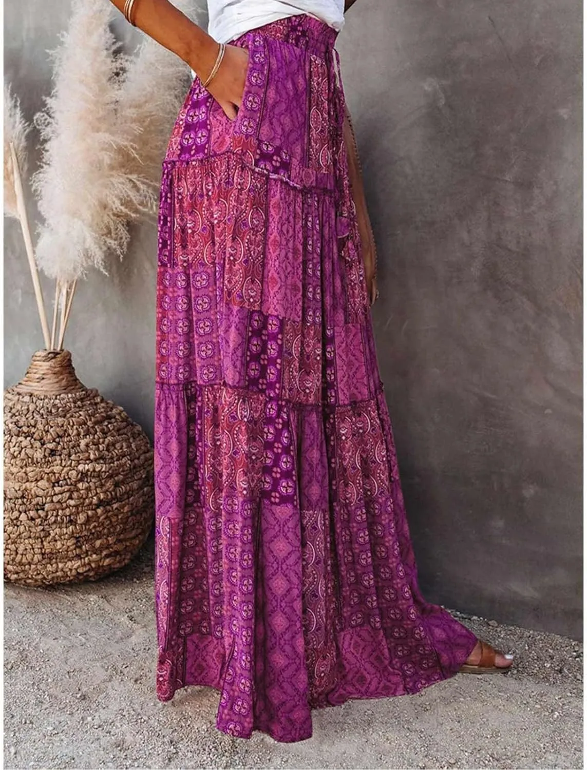 Womens Floral Print Boho Maxi Skirt Casual High Waist Tie Paisley Print Long Maxi Skirt Summer Beach Flowy Skirts
