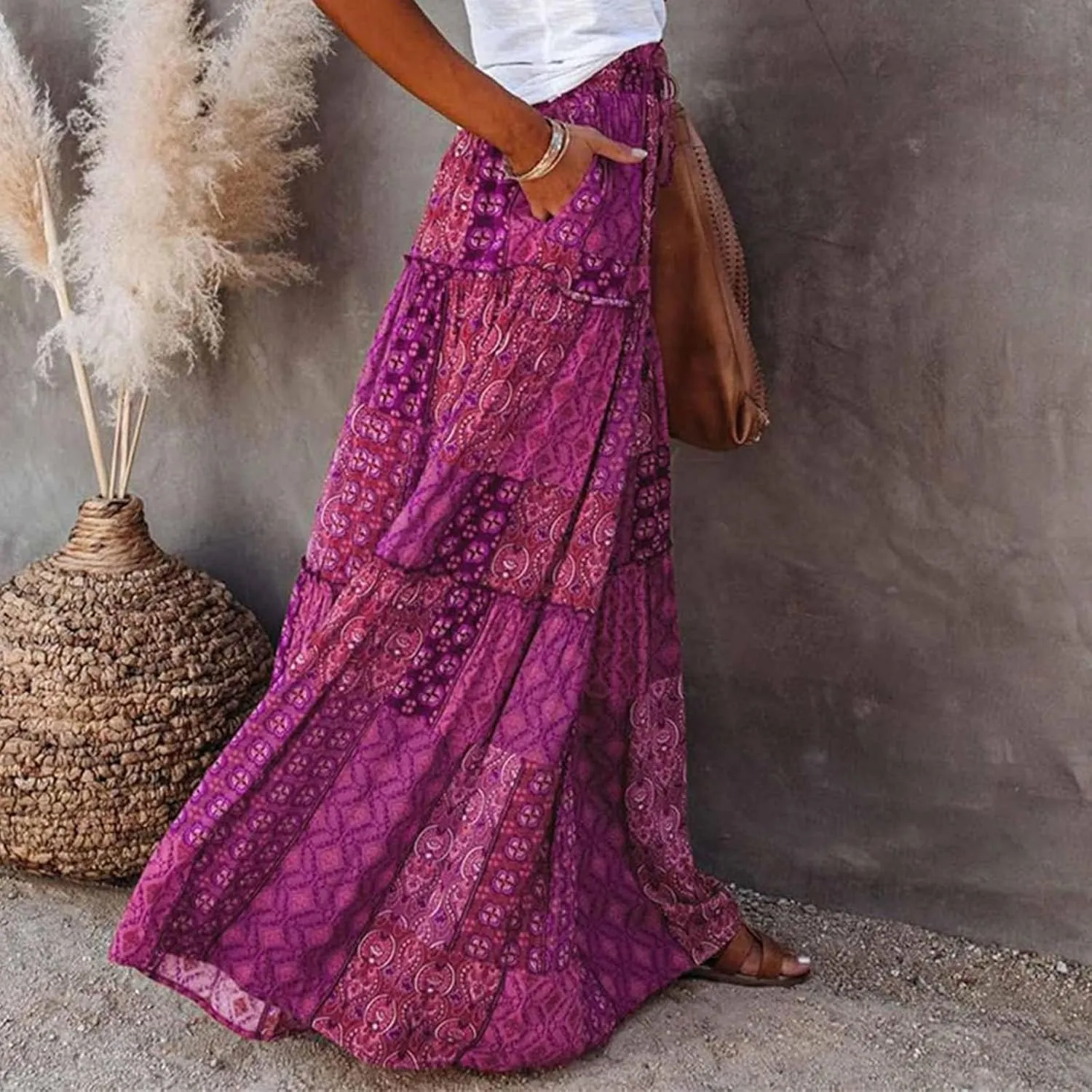 Womens Floral Print Boho Maxi Skirt Casual High Waist Tie Paisley Print Long Maxi Skirt Summer Beach Flowy Skirts