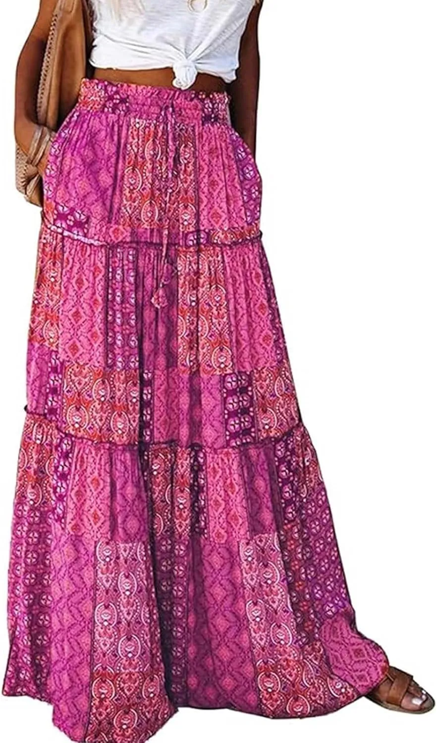 Womens Floral Print Boho Maxi Skirt Casual High Waist Tie Paisley Print Long Maxi Skirt Summer Beach Flowy Skirts