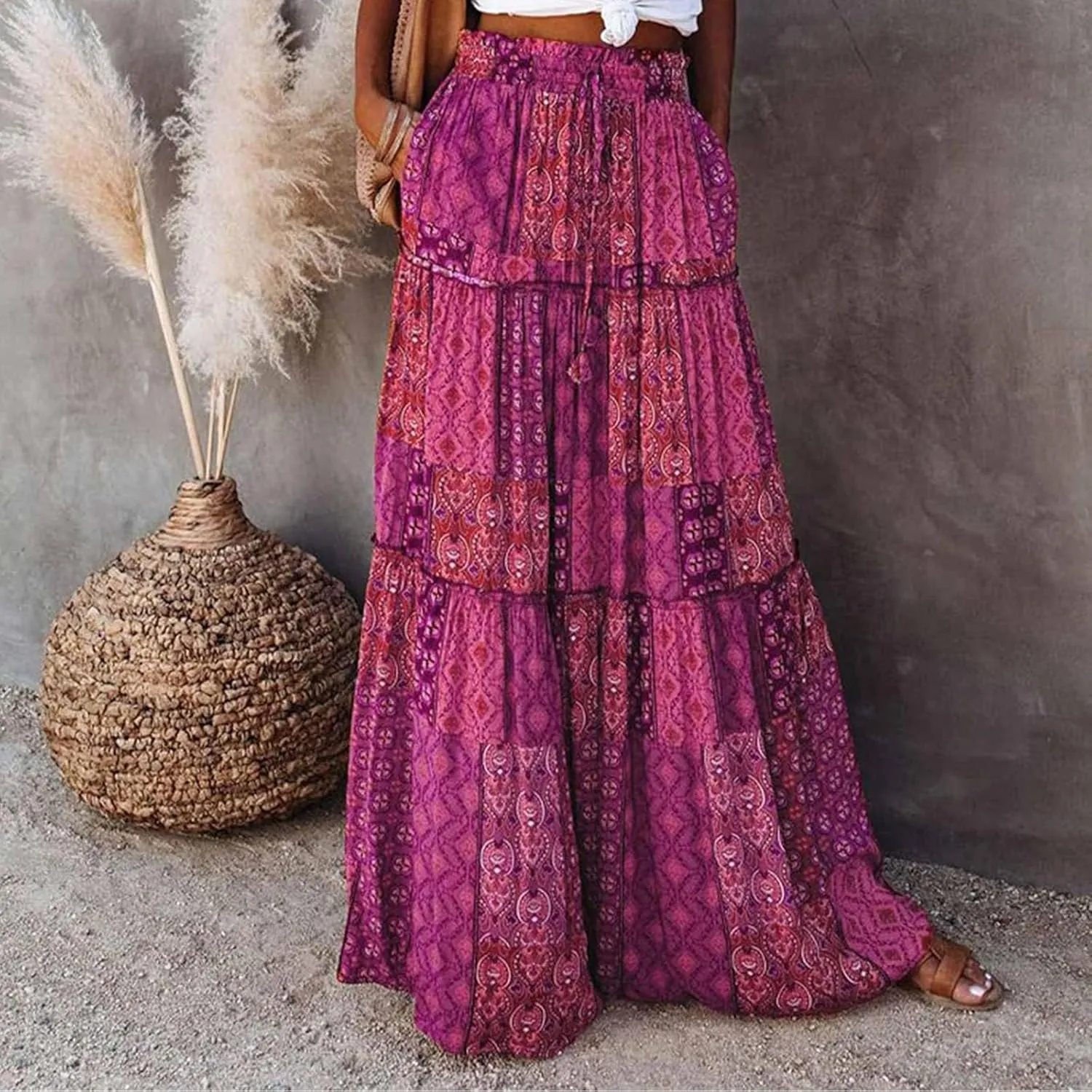 Womens Floral Print Boho Maxi Skirt Casual High Waist Tie Paisley Print Long Maxi Skirt Summer Beach Flowy Skirts
