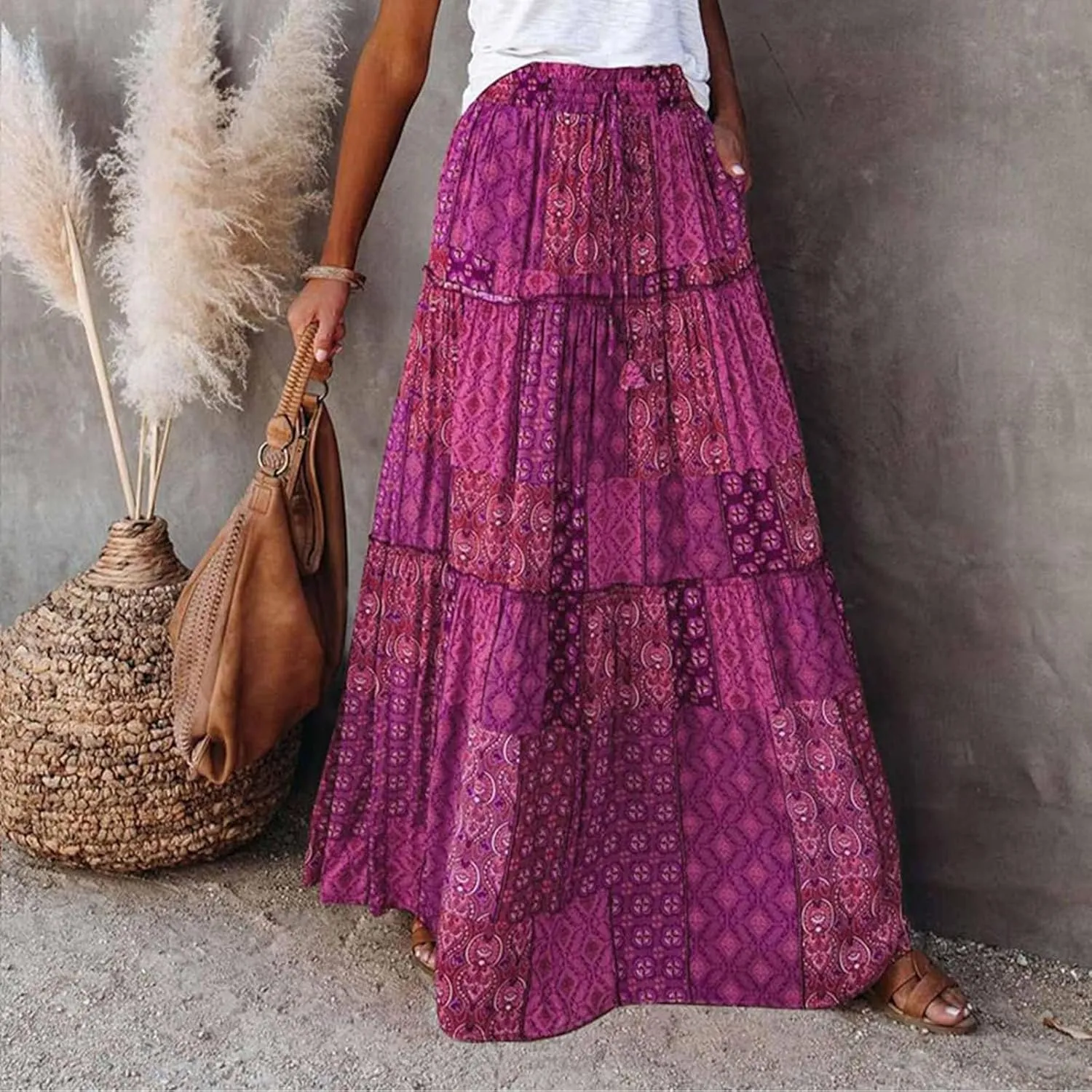 Womens Floral Print Boho Maxi Skirt Casual High Waist Tie Paisley Print Long Maxi Skirt Summer Beach Flowy Skirts