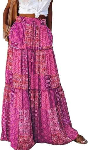 Womens Floral Print Boho Maxi Skirt Casual High Waist Tie Paisley Print Long Maxi Skirt Summer Beach Flowy Skirts