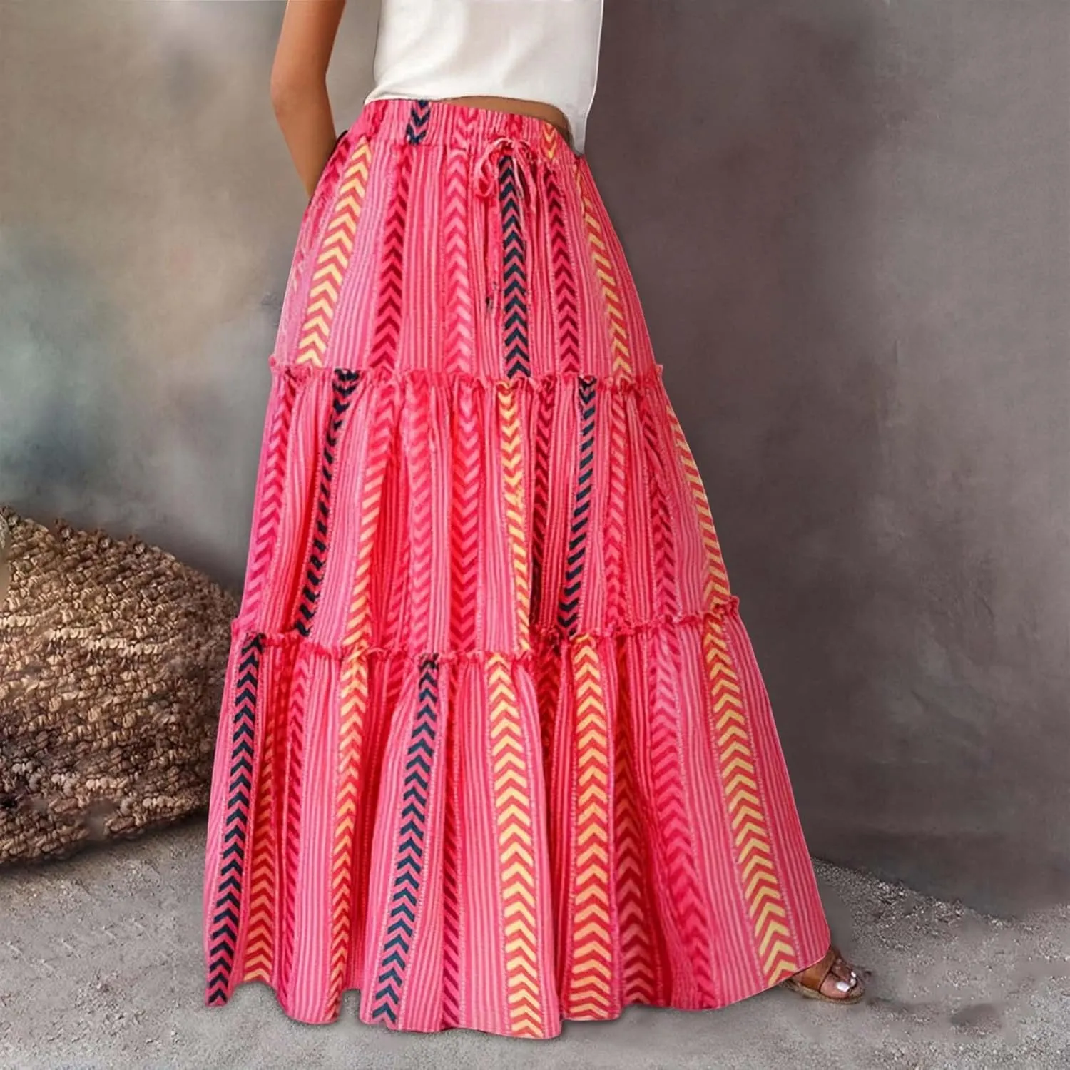 Womens Floral Print Boho Maxi Skirt Elastic High Waist Pleated Ruffle Flowy Long Skirts Summer A Line Casual Skorts