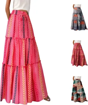 Womens Floral Print Boho Maxi Skirt Elastic High Waist Pleated Ruffle Flowy Long Skirts Summer A Line Casual Skorts