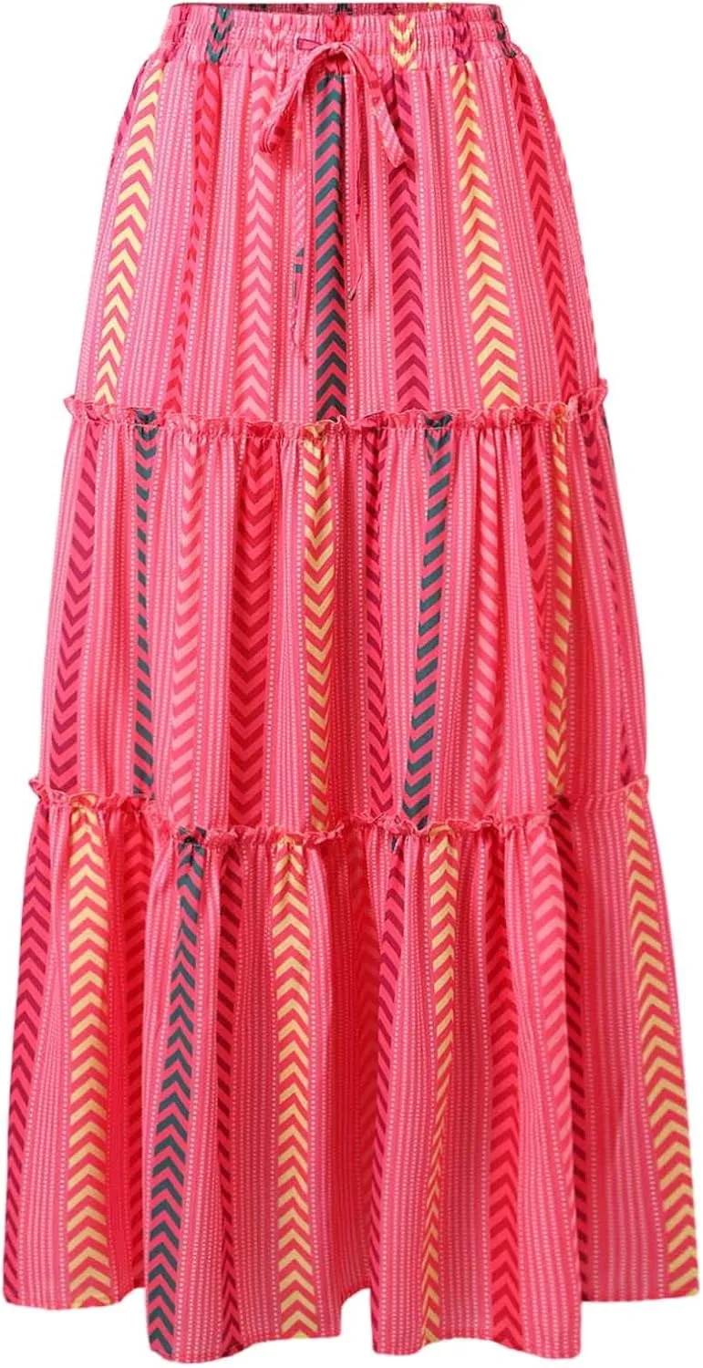 Womens Floral Print Boho Maxi Skirt Elastic High Waist Pleated Ruffle Flowy Long Skirts Summer A Line Casual Skorts