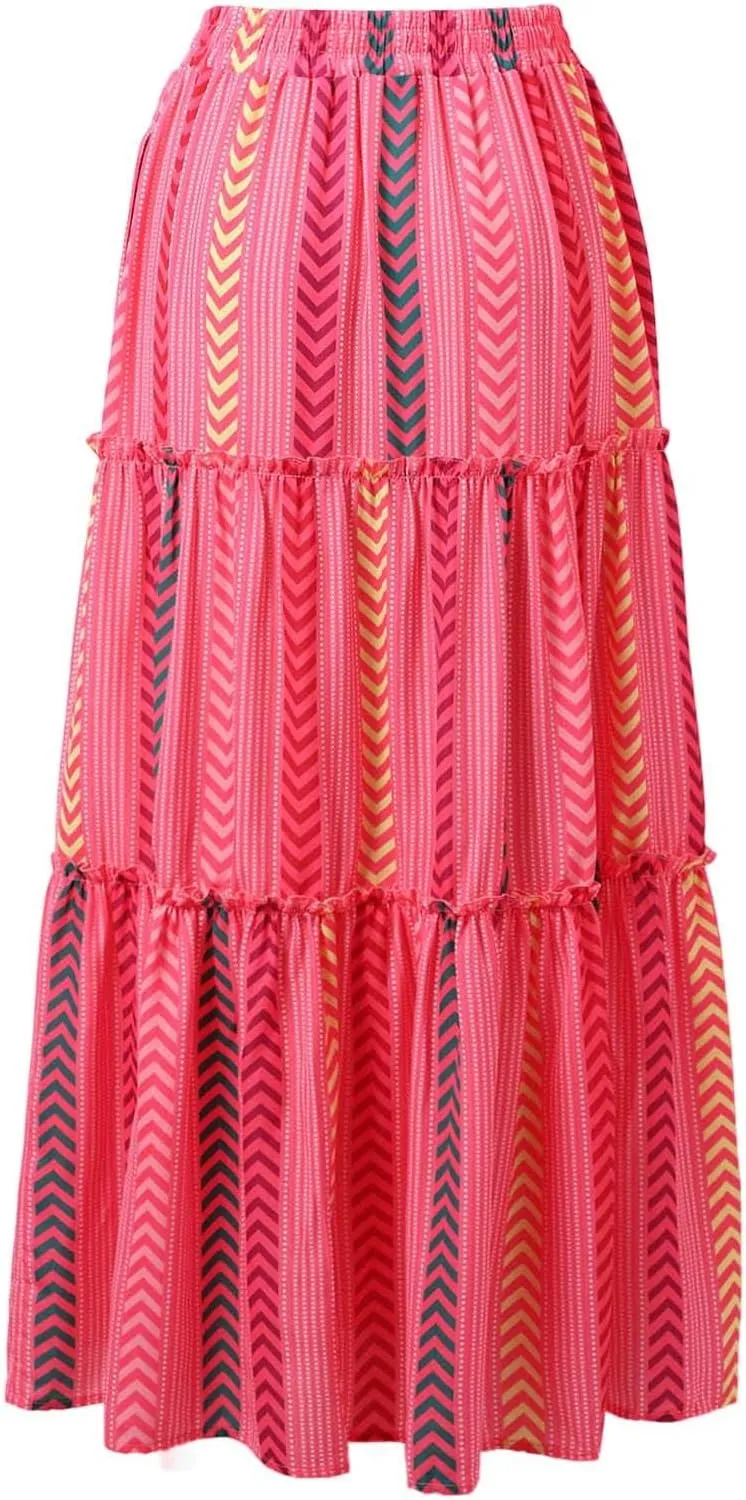 Womens Floral Print Boho Maxi Skirt Elastic High Waist Pleated Ruffle Flowy Long Skirts Summer A Line Casual Skorts