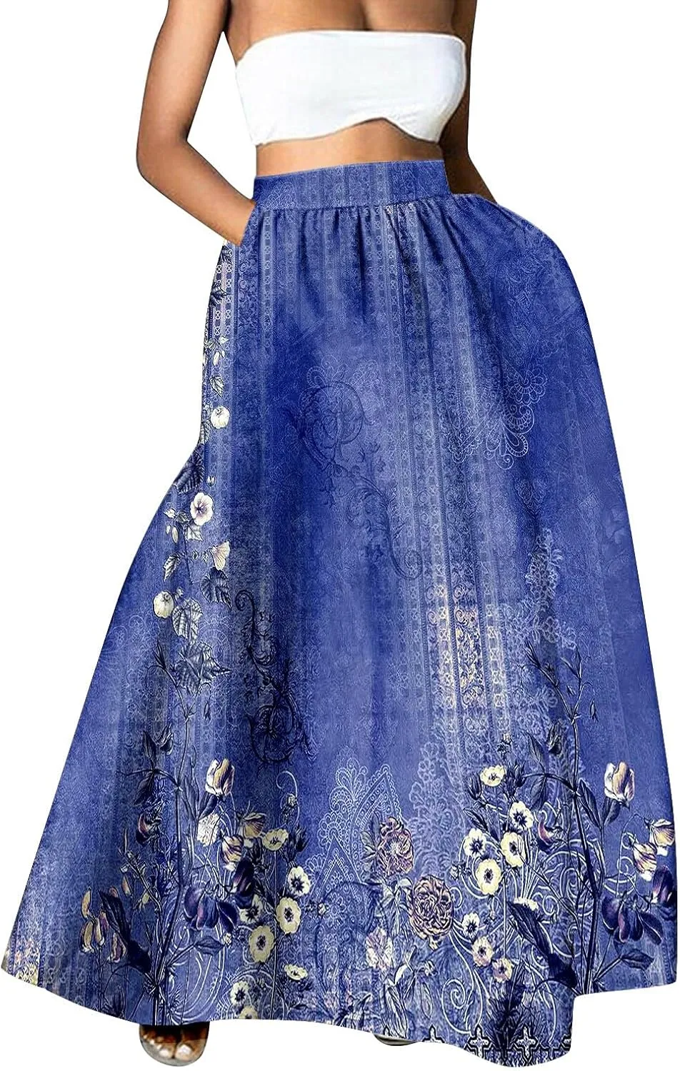 Womens Floral Print Boho Maxi Skirt Elastic High Waisted Tiered Ruffle Flowy Long Summer Beach Skirt with Pockets