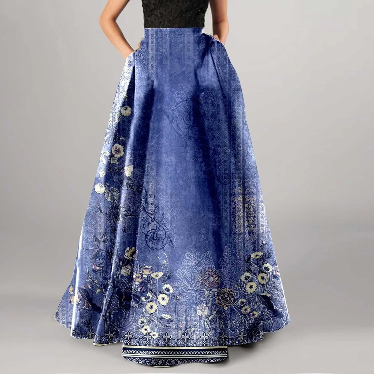 Womens Floral Print Boho Maxi Skirt Elastic High Waisted Tiered Ruffle Flowy Long Summer Beach Skirt with Pockets