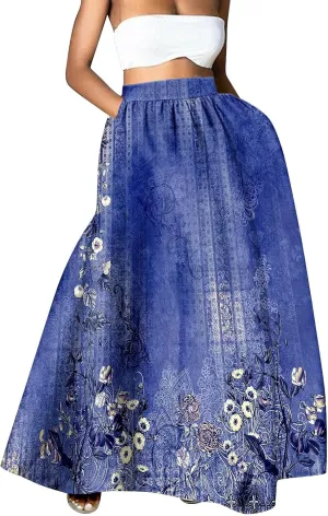 Womens Floral Print Boho Maxi Skirt Elastic High Waisted Tiered Ruffle Flowy Long Summer Beach Skirt with Pockets