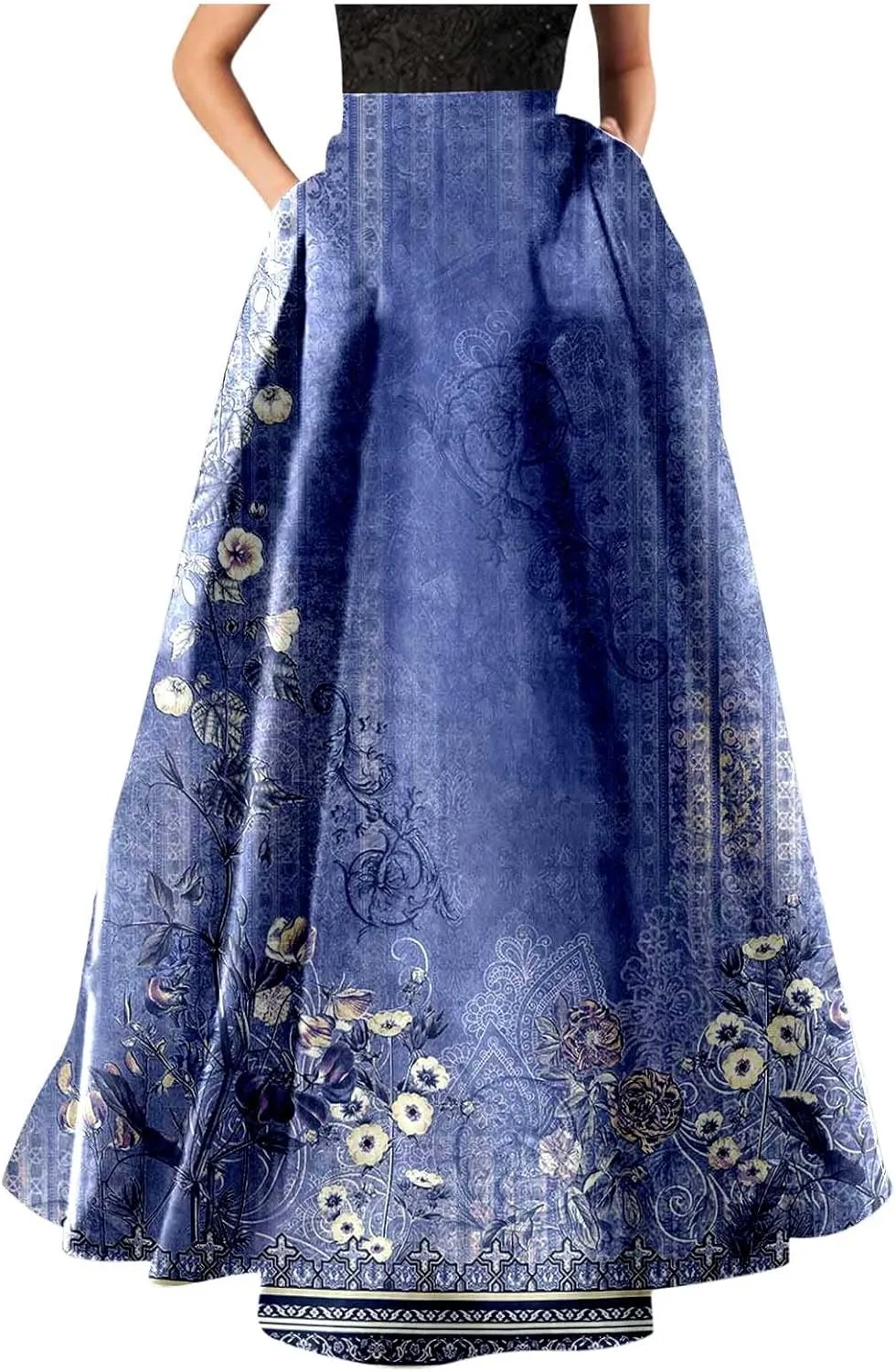 Womens Floral Print Boho Maxi Skirt Elastic High Waisted Tiered Ruffle Flowy Long Summer Beach Skirt with Pockets