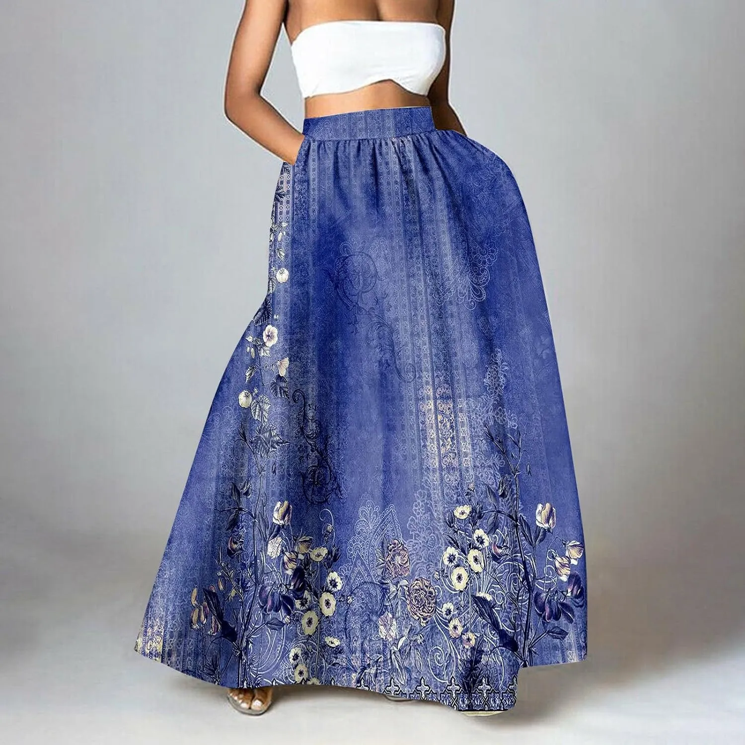 Womens Floral Print Boho Maxi Skirt Elastic High Waisted Tiered Ruffle Flowy Long Summer Beach Skirt with Pockets