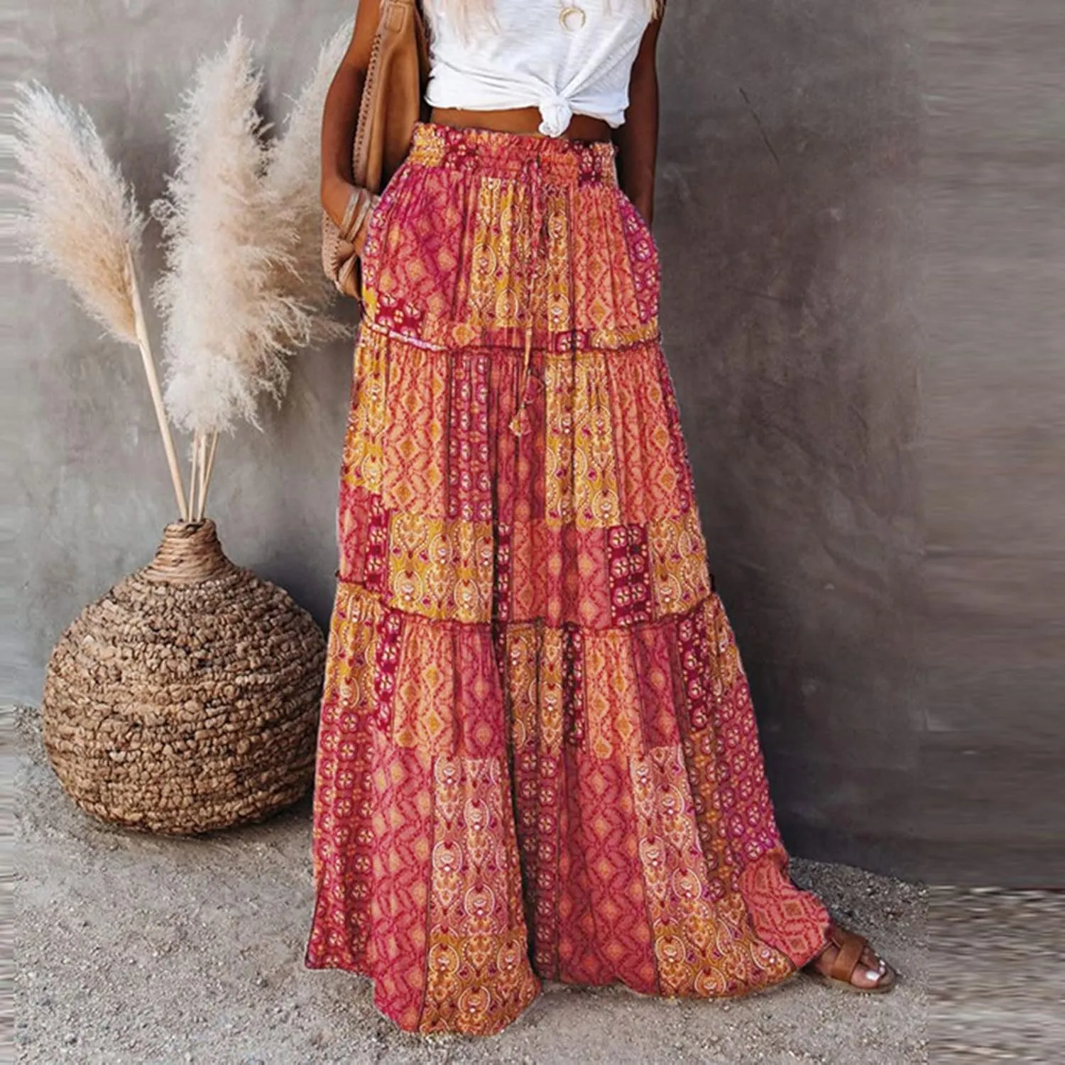 Womens Floral Print Boho Maxi Skirt Elastic High Waisted Tiered Ruffle Flowy Long Summer Beach Skirt with Pockets