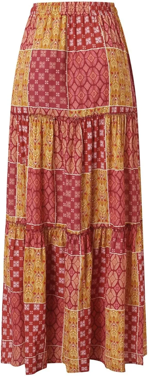 Womens Floral Print Boho Maxi Skirt Elastic High Waisted Tiered Ruffle Flowy Long Summer Beach Skirt with Pockets