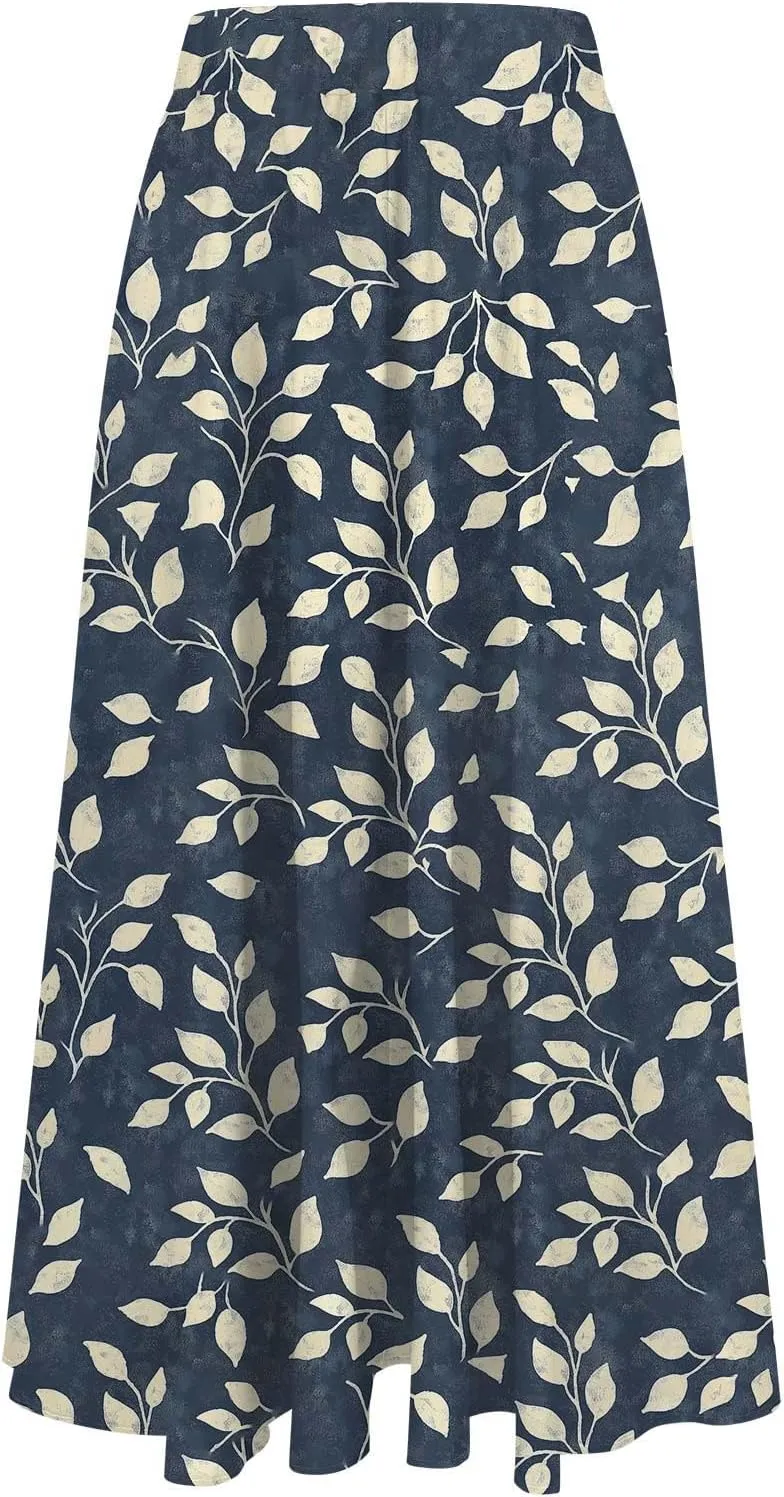 Women's Floral Print Maxi Skirts Flowy Swing A-Line Pleated Long Skirt Summer Fashion Boho Beach Vacation Outfit 2025