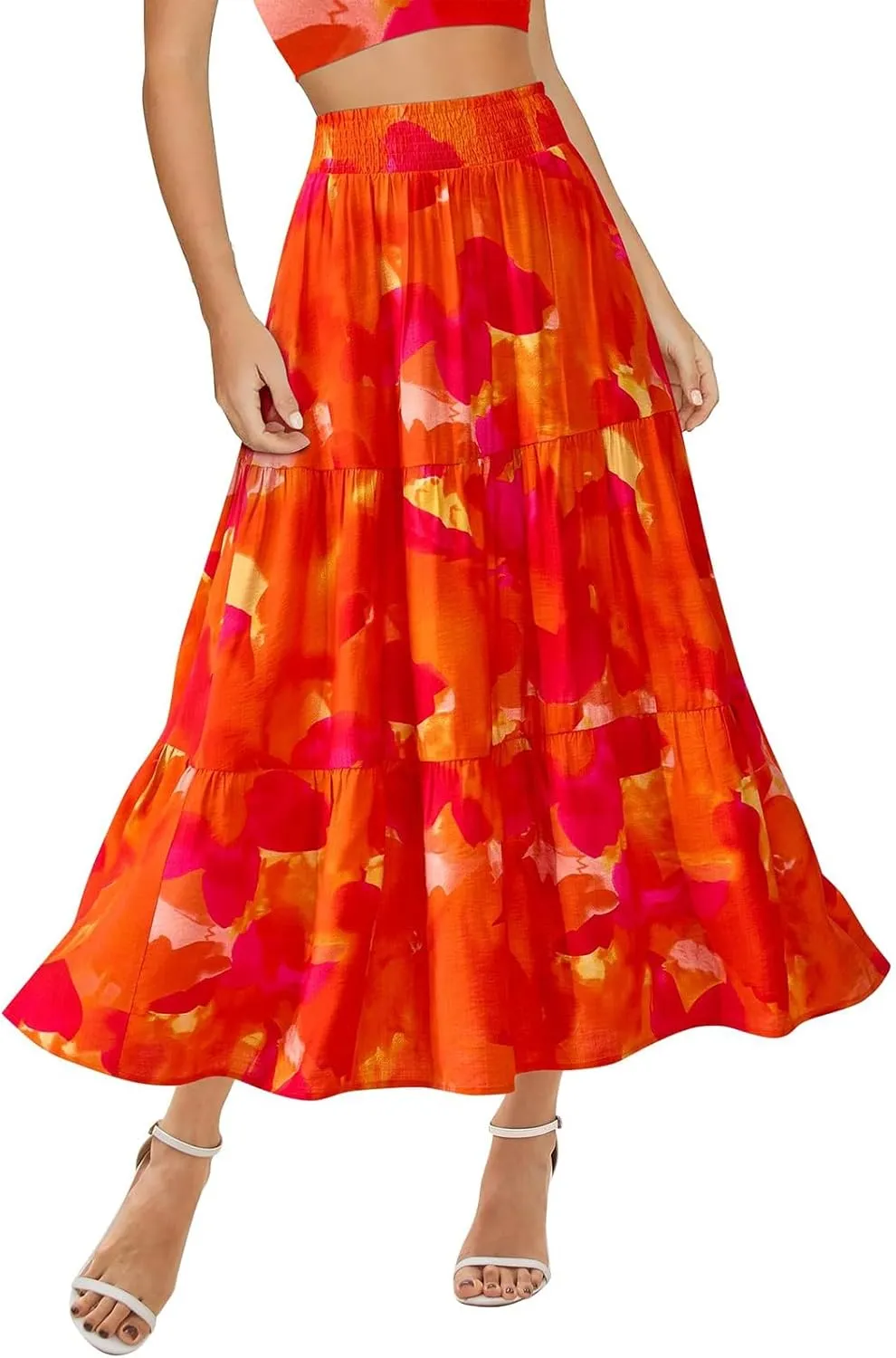 Women's Floral Print Midi Maxi Skirts: 2025 Summer Casual Aline Elastic High Waist Pleated Flowy Long Skirt Pockets